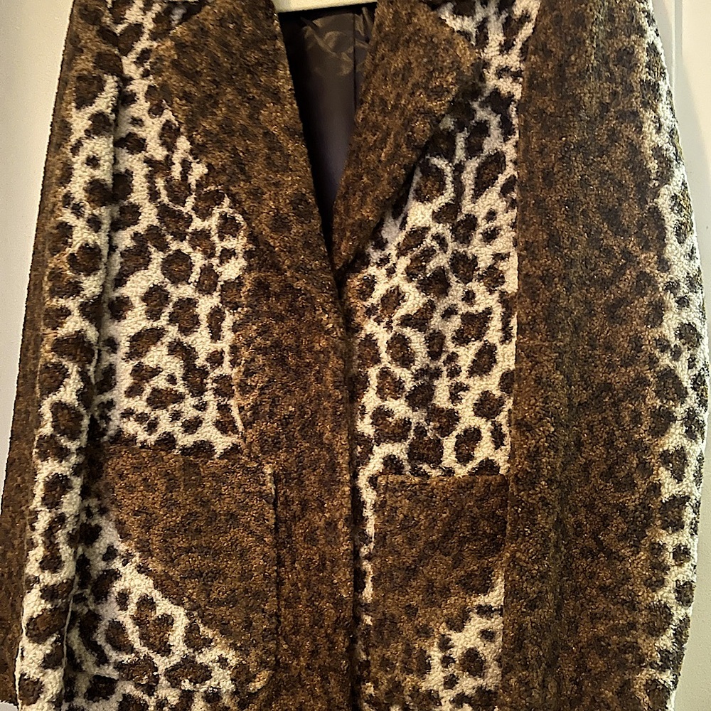 French Connection Vegan Animal print Button Down Knee Length Coat. Front Pockets
